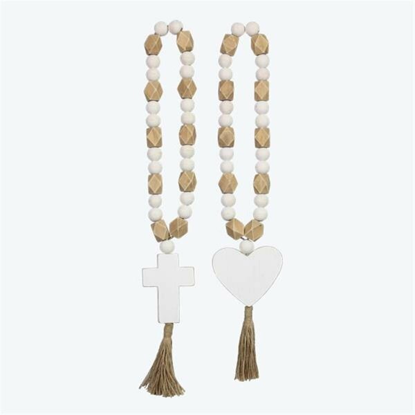 Youngs 17.5 in. Wood Bead with Cross & Heart Attachment, Assorted Style - Set of 2 21629